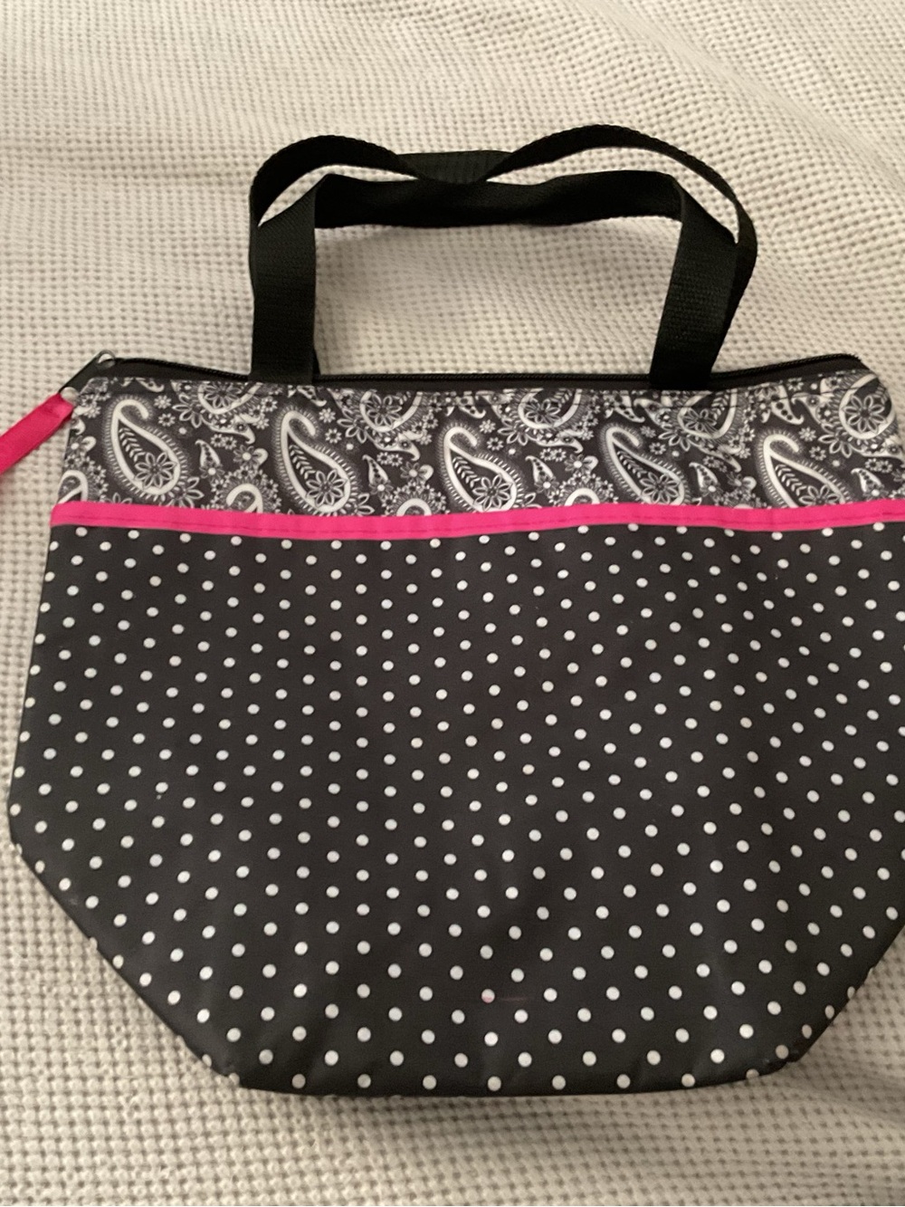 Polka Dot Tote with Paisley Accent in Black and Pink